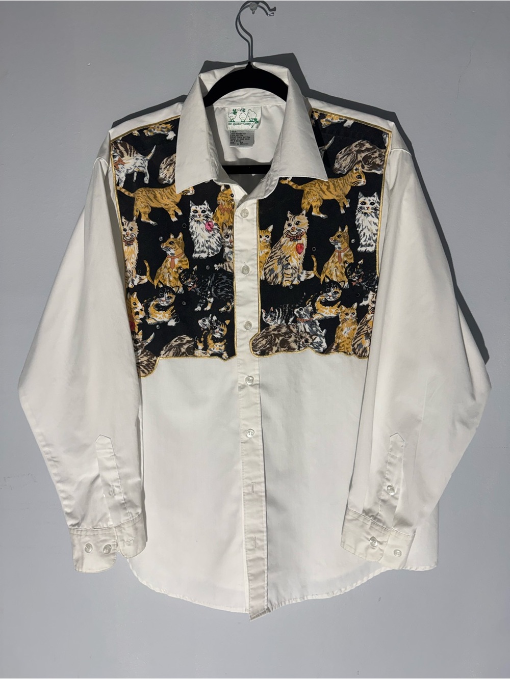 Quacker Factory White Button-Down Shirt with Black Cat Print Yoke